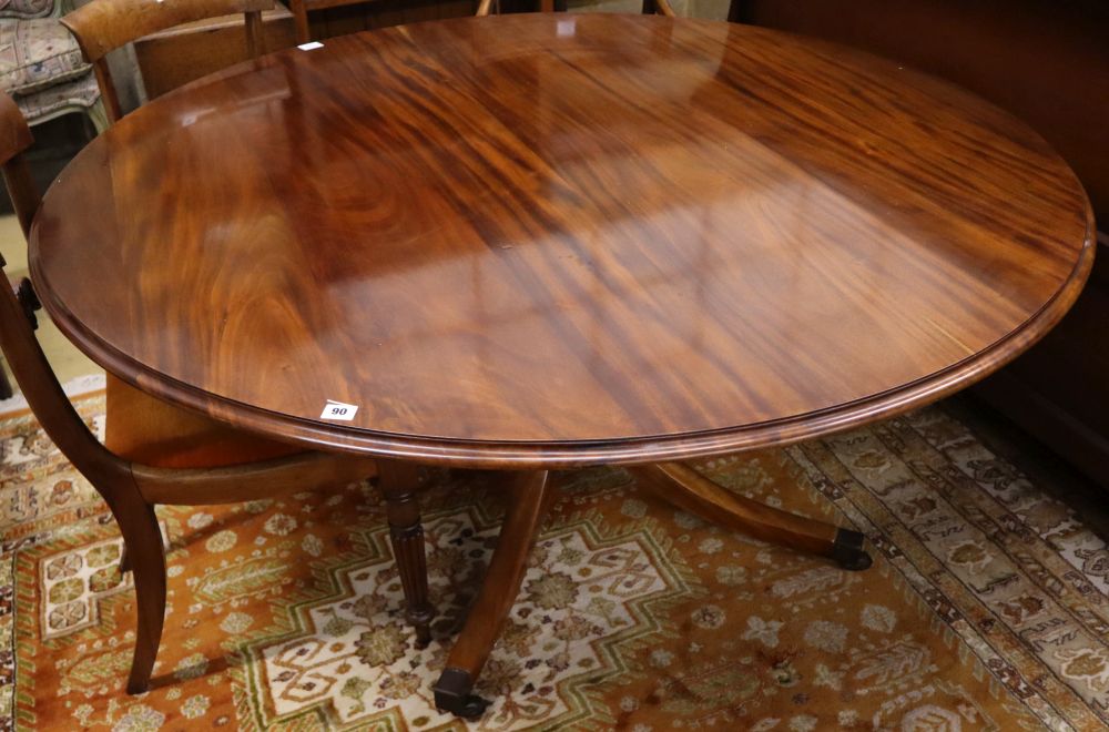 A Regency style mahogany circular tilt top breakfast table, 148cm diameter, height 69cm